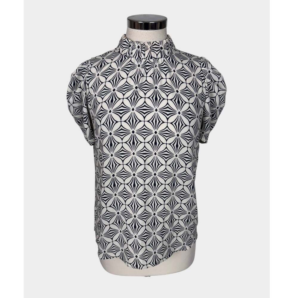 LOFT XS Womens Top Geo Mock Neck Puff Sleeve Black White Pattern Rayon
